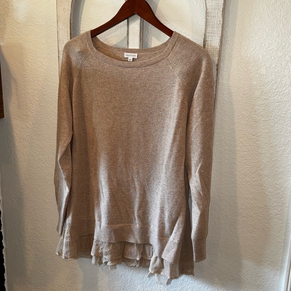 Garnet Hill 100% Cashmere Cream Layered Hem Sweater Crewneck Size XL - Picture 2 of 9